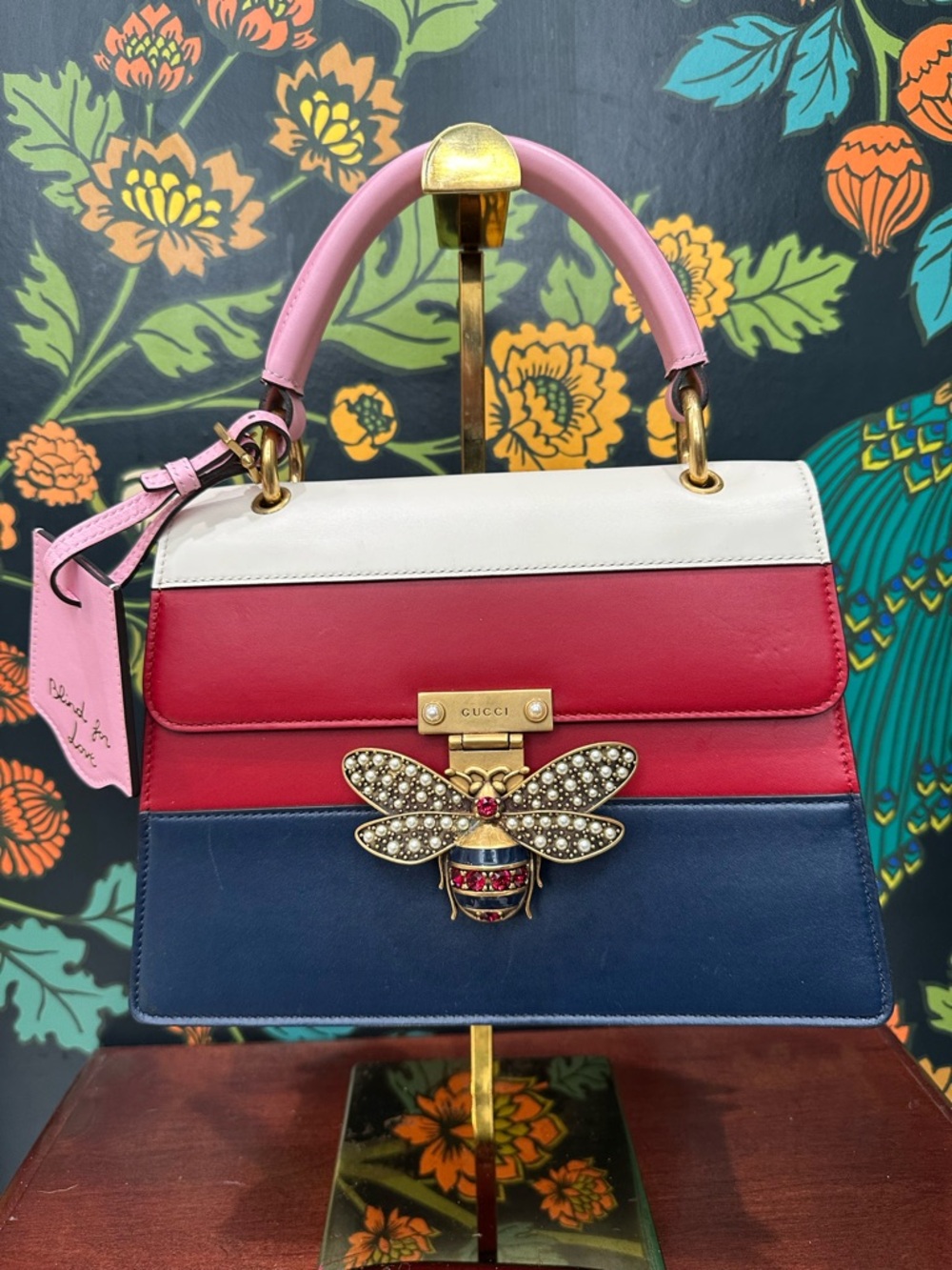 Gucci Queen Margaret Bee Top Handle Bag Red Navy Ivory Pink Strap - Picture 4 of 14